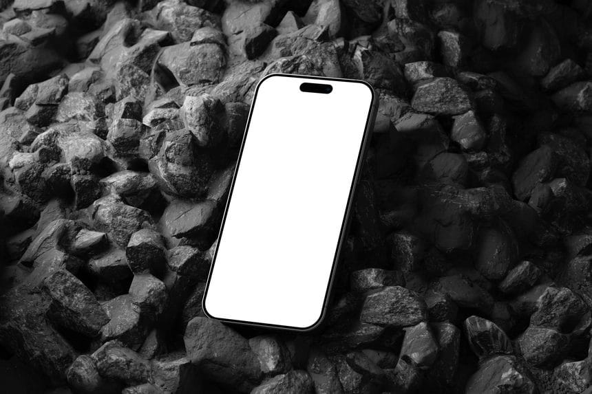 Free iPhone 15 Pro Mockup On Black Stone Blank Screen