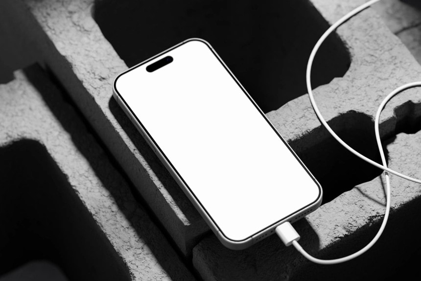 Free iPhone 15 Pro Mockup Laying On Bricks White Screen