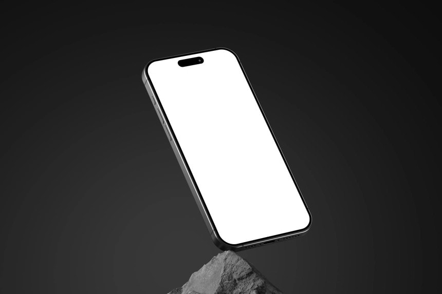 Free iPhone 15 Pro Mockup On Rock White Screen