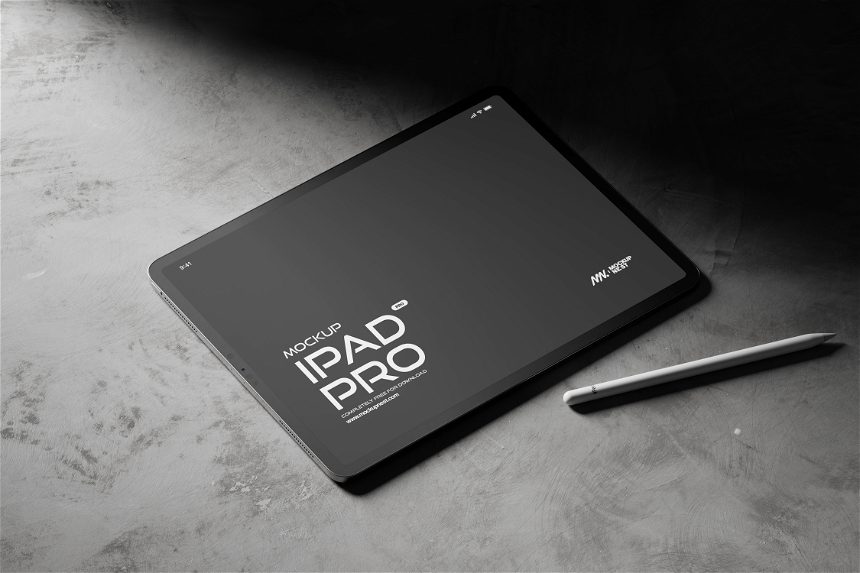 Free Ipad Pro Mockup With a Pencil in a Dark Environment