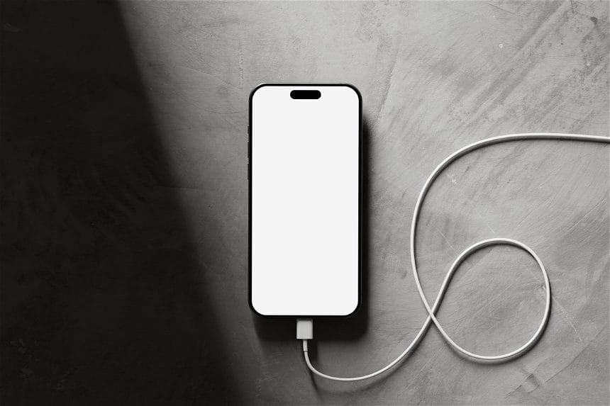 Free iPhone 15 Pro Mockup With Cable in a Dark Environment
