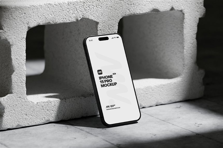 Iphone 15 Pro On Concrete Brick Mockup