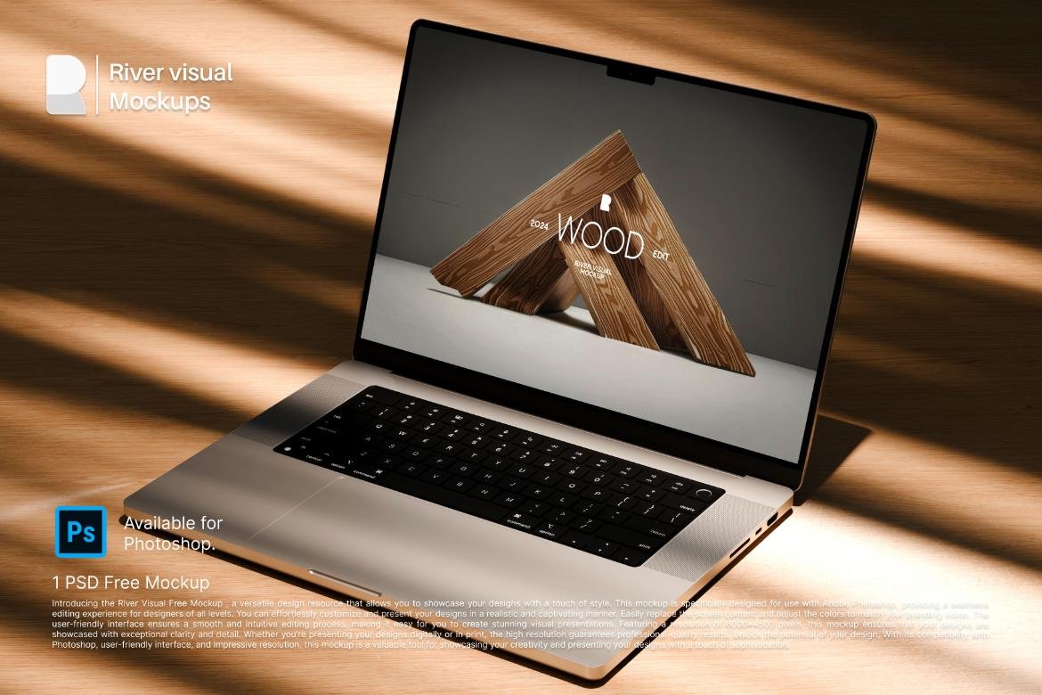 Free MacBook Pro Mockup on a Wooden Surface