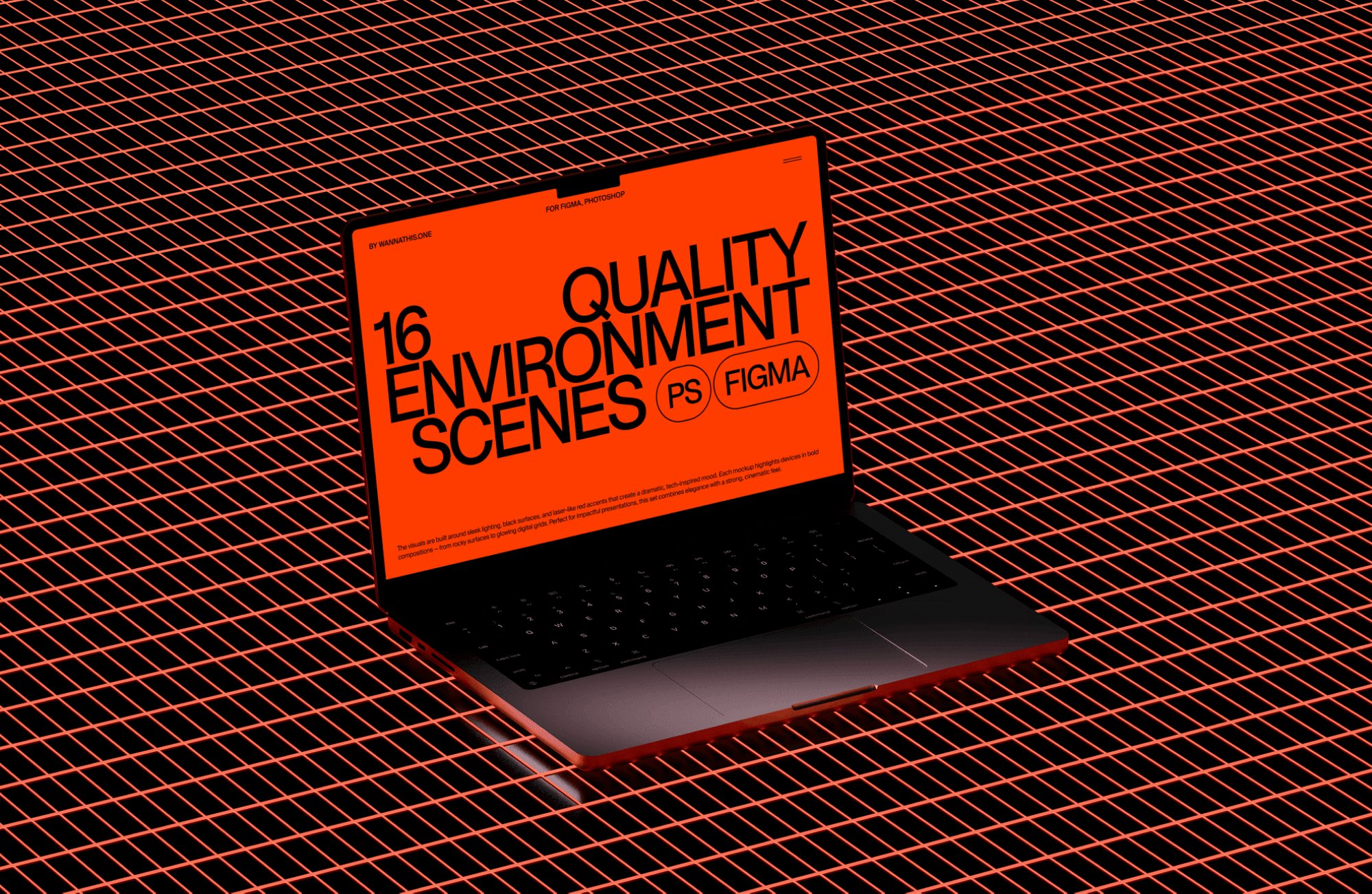 free macbook mockup on neon red grid