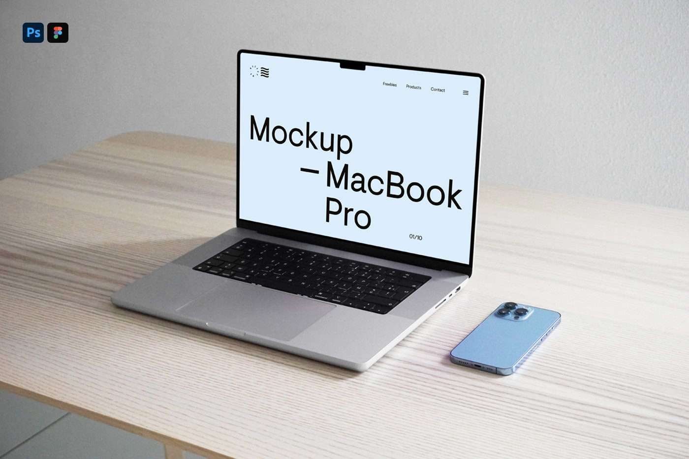 Macbook Pro Mockup on Desk with iPhone