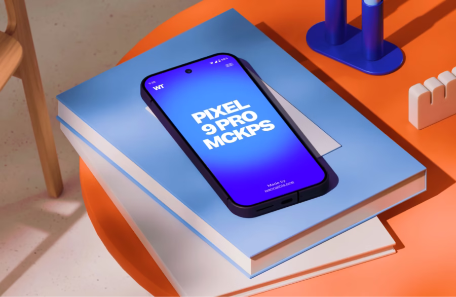 free google pixel phone mockup on books