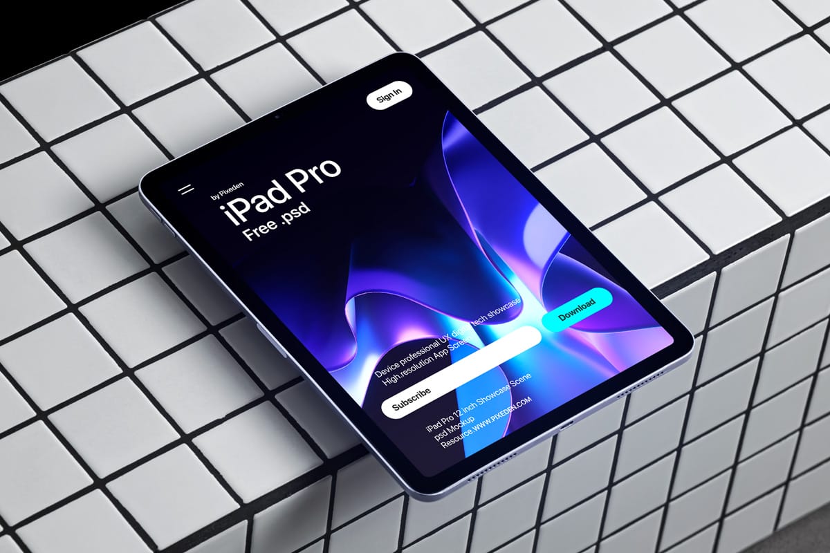 free iPad pro PSD mockup – tiled surface