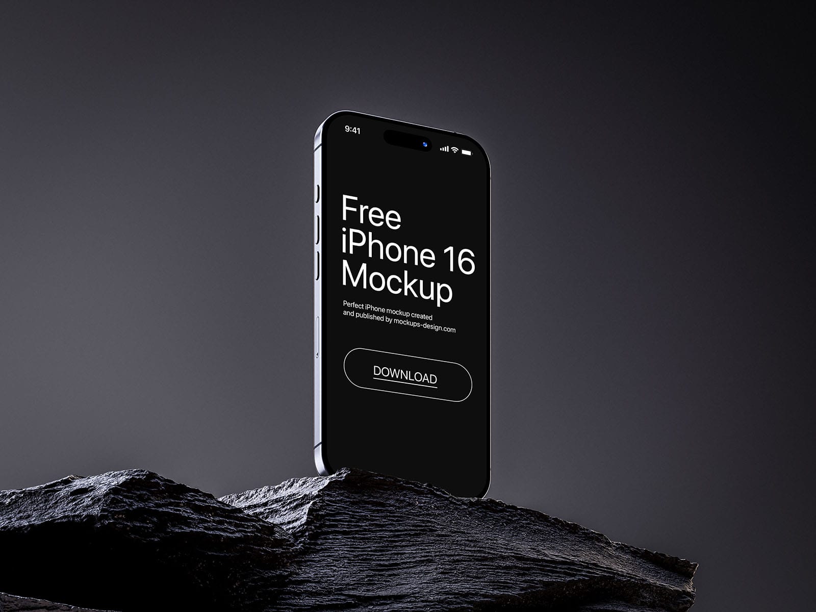 free iPhone 16 mockup on rocky surface with sleek lighting