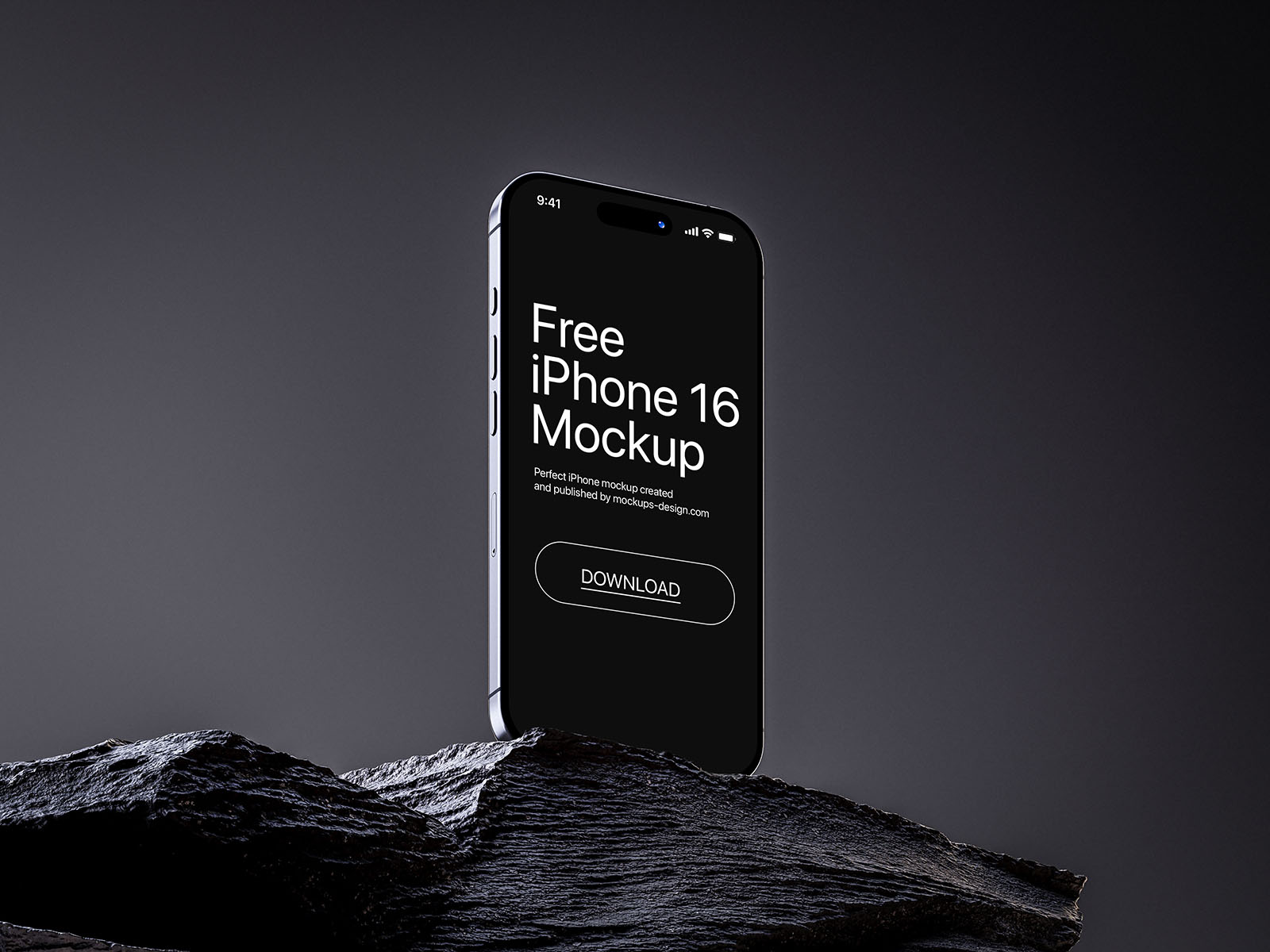 free iPhone 16 mockup on rocky surface with sleek lighting