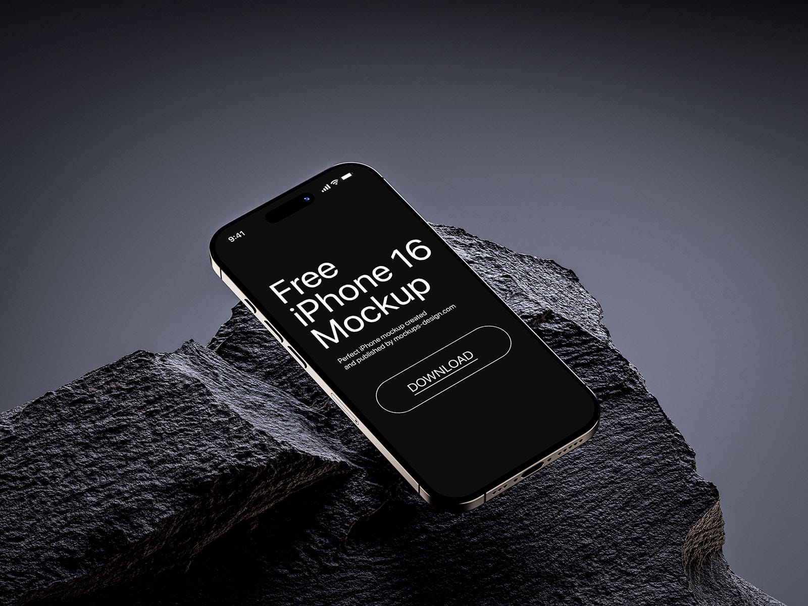 free iPhone 16 mockup on rocky surface with sleek lighting