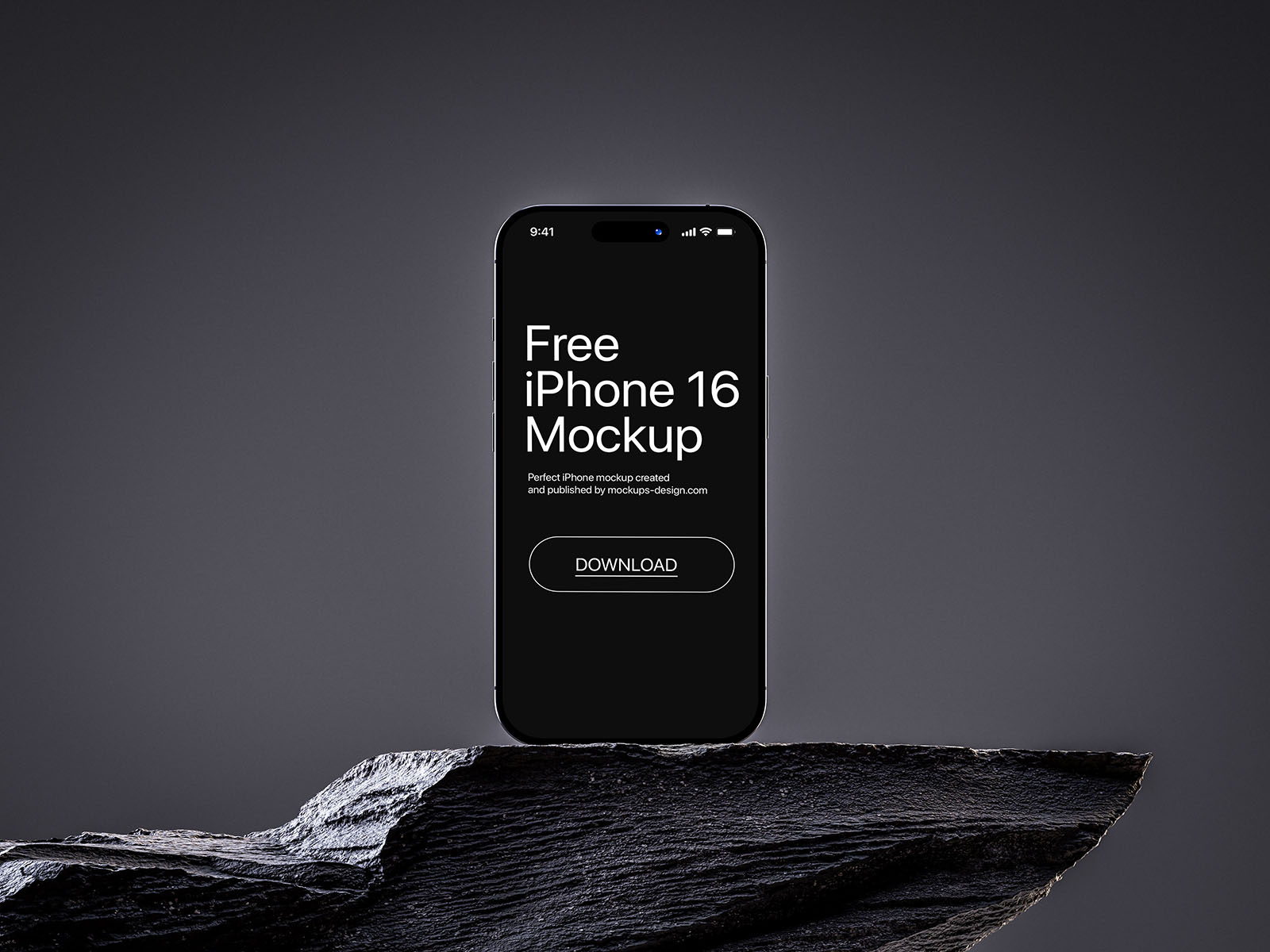free iPhone 16 mockup on rocky surface with sleek lighting