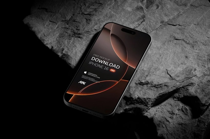 free iPhone 16 pro mockup black titanium on rock