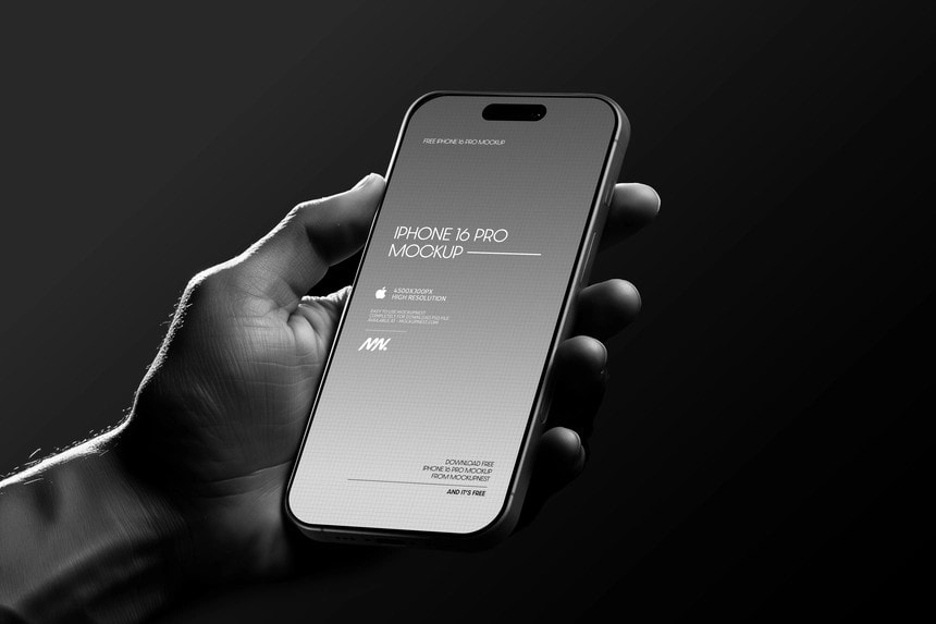 free iPhone 16 pro mockup holding by hand