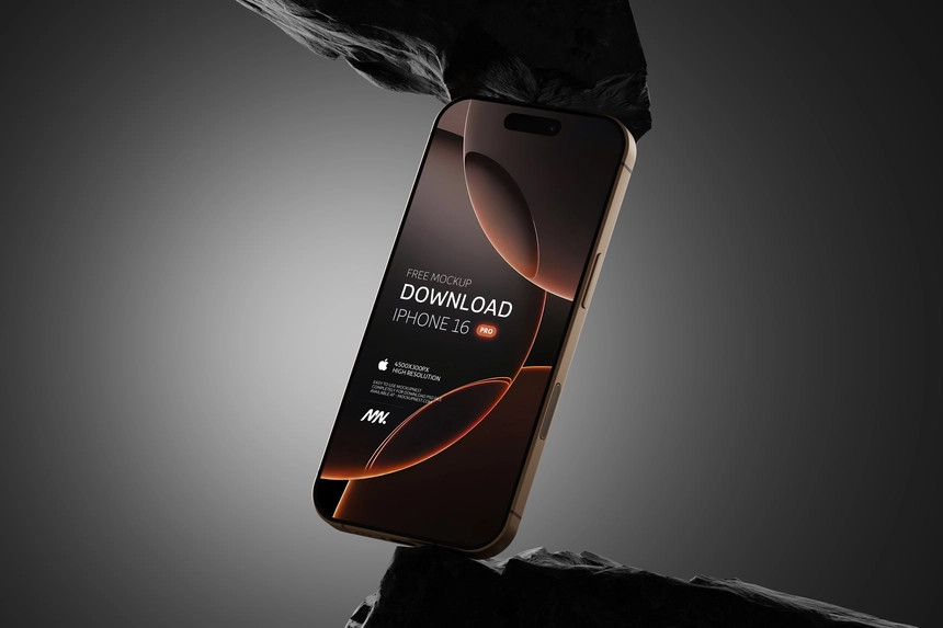 free iPhone 16 pro mockup on rock