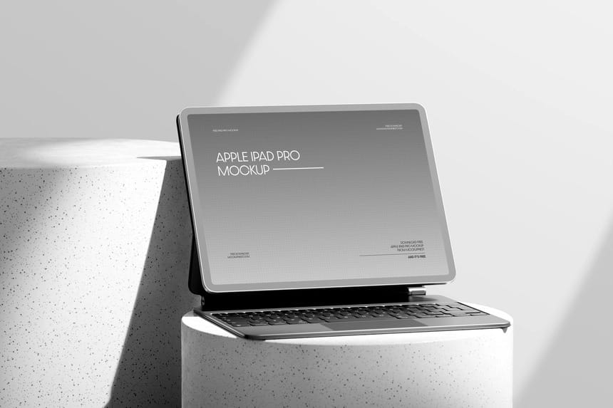 free ipad pro mockup on podium with magic keyboard