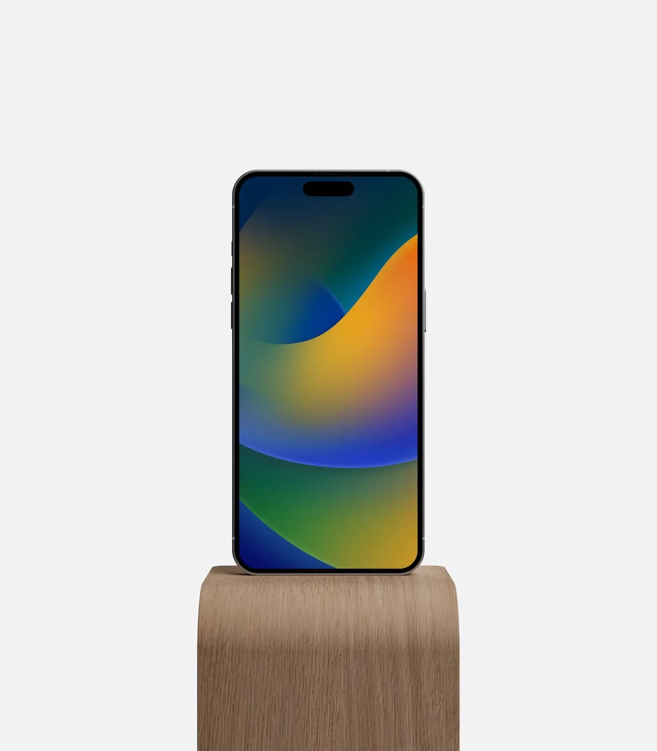 free iphone 14 pro max mockup on wooden stand