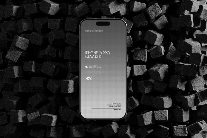 free iphone 16 pro mockup on cube stones