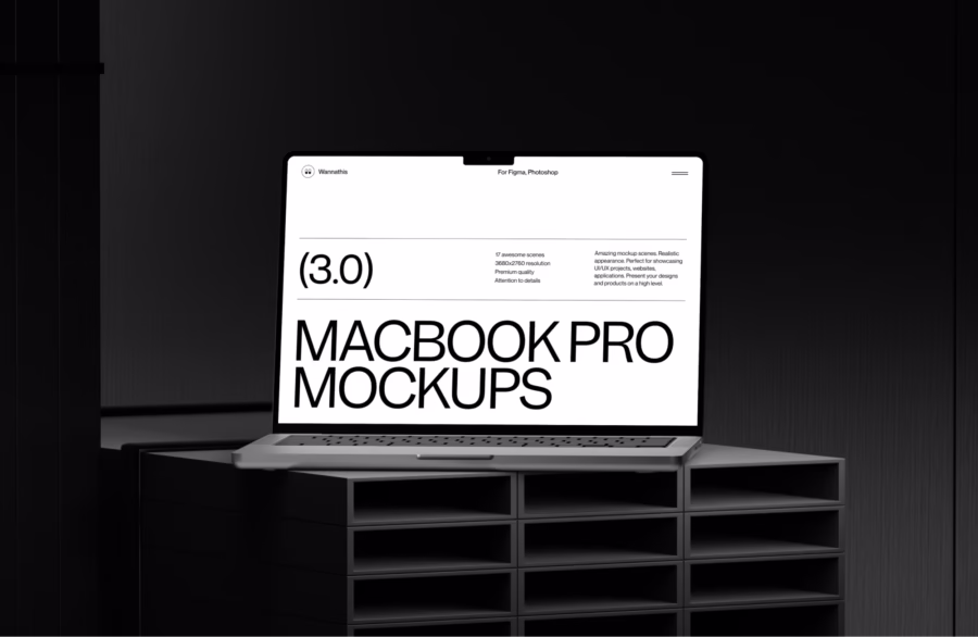 free macbook mockup on dark shelf