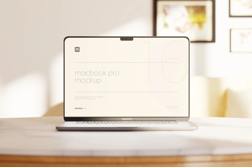 macbook pro mockup on round table