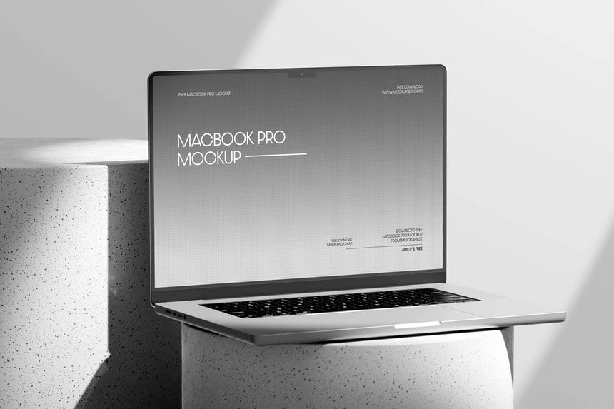 free macbook pro mockup on round podium