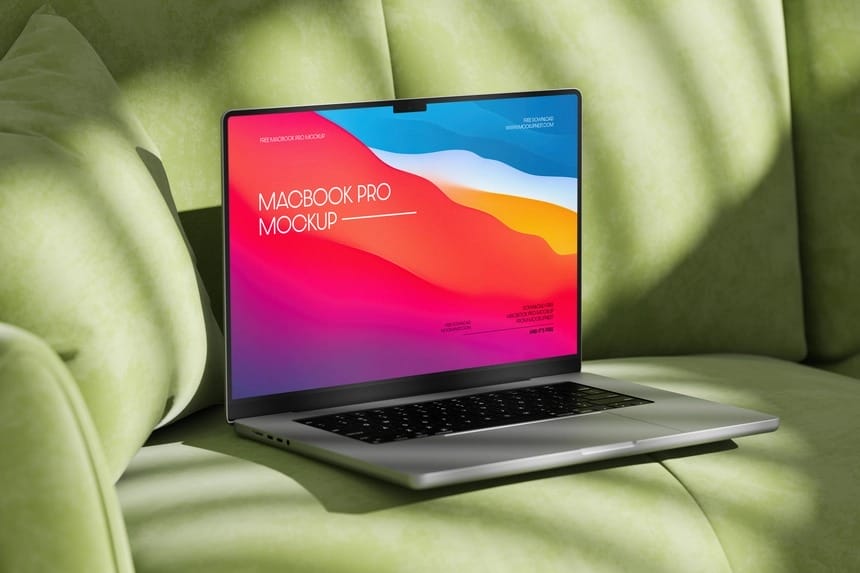 free macbook pro mockup on sofa