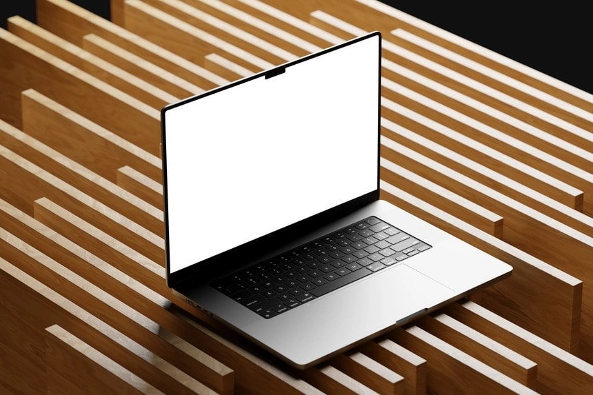 free macbook pro mockup on wood