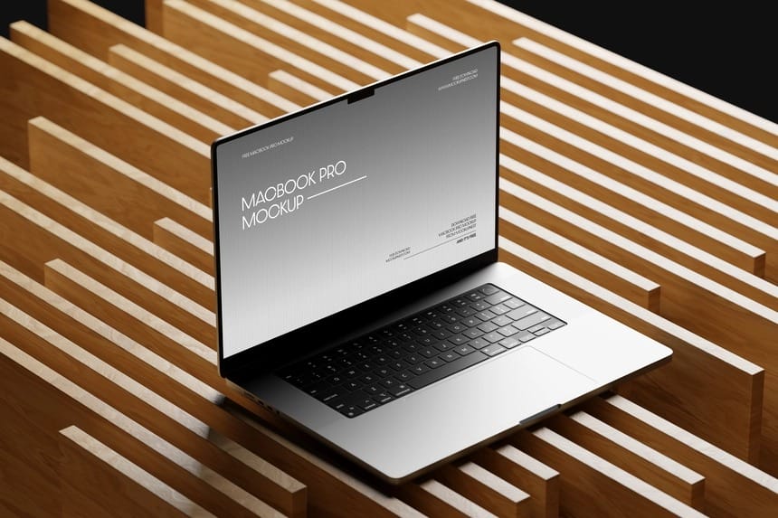 free macbook pro mockup on wood