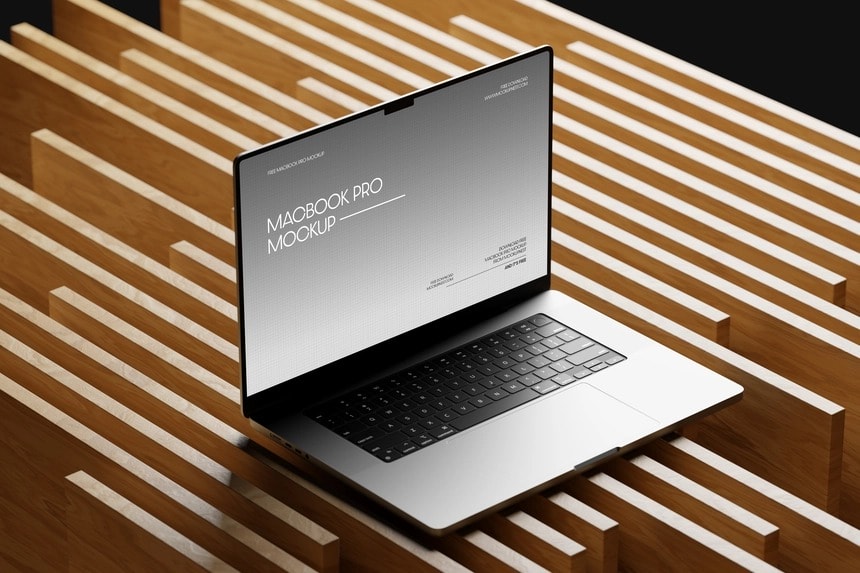 free macbook pro mockup on wood