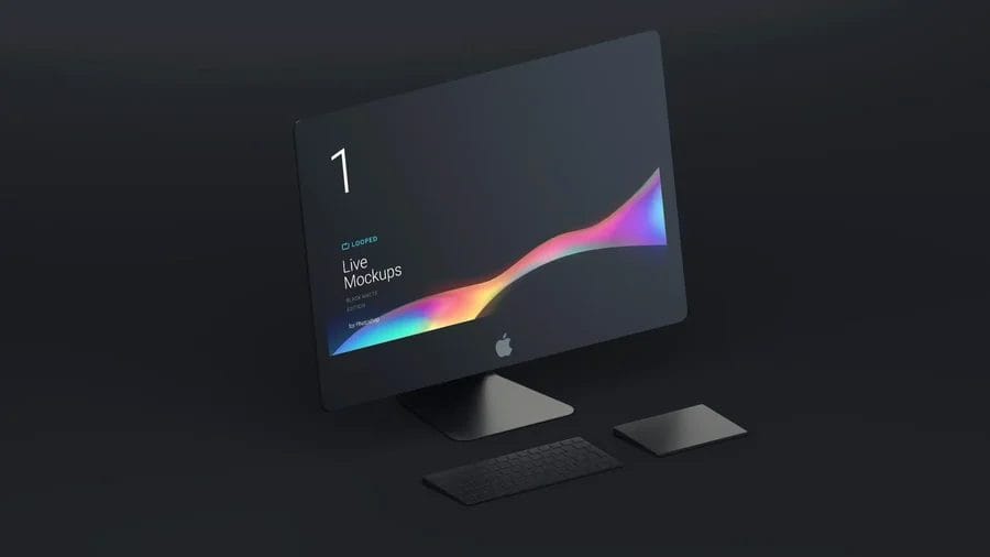 Dark iMac Mockup with keyboard and trackpad