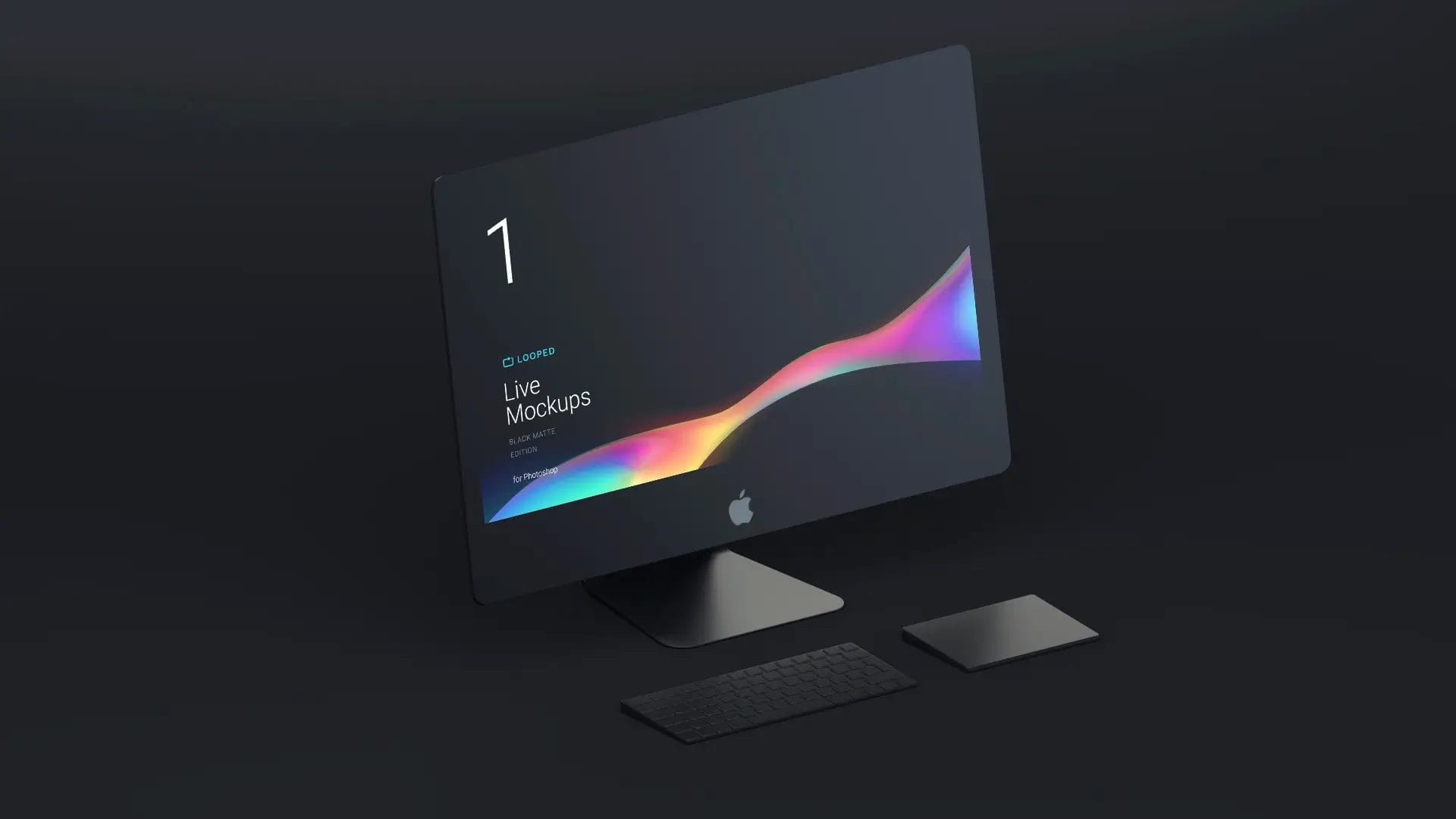 Dark iMac Mockup with keyboard and trackpad